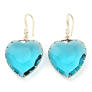 Glass Heart Dangle Earrings, Light Gold Brass Earrings, Cyan, 49x28mm(EJEW-Q800-19C-KCG)