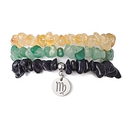 3Pcs 3 Styles Natural Citrine & Green Aventurine & Synthetic Blue Goldstone Chips Stretch Bracelets Sets, Stackbale Bracelets with 304 Stainless Steel Charms, Virgo, Inner Diameter: 2-1/8 inch(5.5cm), 1Pc/style(BJEW-JB11076-08)