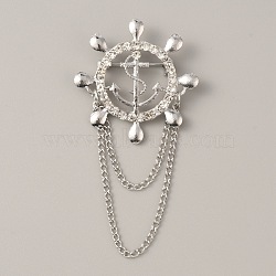 Naval Style Helm & Anchor Rhinestone Brooch for Men Women, Zinc Alloy Chain Lapel Pin for Backpack Clothes, Platinum, 78mm(JEWB-WH0030-01P)