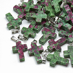 Natural Ruby in Zoisite Pendants, with Stainless Steel Snap On Bails, Cross, 29~30x18~19x5~6mm, Hole: 6x4mm(X-G-T080-11)