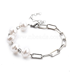 White Plastic Imitation Pearl Links Bracelets, with Iron Paperclip Chains and 304 Stainless Steel Lobster Claw Clasps, Stainless Steel Color, 8-1/8 inch(20.6cm)(X-BJEW-JB05445-01)