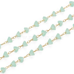 3.28 Feet Handmade Glass Beaded Chains, with Golden Tone Brass Findings, Soldered, Long-Lasting Plated, Triangle, Faceted, Medium Aquamarine, 3.5~4x4~4.5x3mm(X-KK-I647-15G)