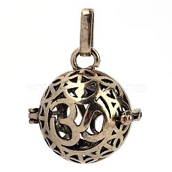 Rack Plating Brass Cage Pendants, For Chime Ball Pendant Necklaces Making, Hollow Round with Om Symbol, Antique Bronze, 25x24x20.5mm, Hole: 3x7mm, inner measure: 18mm(KK-S751-012AB)