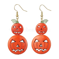 Dyed Synthetic Turquoise & Glass Dangle Earrings, Halloween Pumpkin Long Drop Earrings, Coral, 60x24.5mm(EJEW-TA00430)