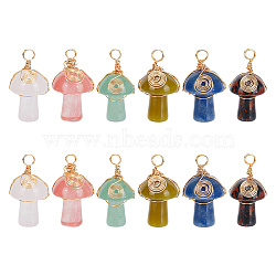 12Pcs 6 Styles Natural & Synthetic Mixed Gemstone Copper Wire Wrapped Pendants, Mushroom Charms, Golden, 29mm, Hole: 3.5mm, 2pcs/style(PALLOY-AB00182)