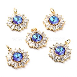 Brass Micro Pave Cubic Zirconia Pendants, Long-Lasting Plated, Real 18K Gold Plated with Glass, Snowflake, Royal Blue, 21.2x17.5x6.7mm, Hole: 3.6mm(ZIRC-O044-21E-G)