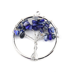 Natural Lapis Lazuli Tree fo Life Pendants, Iron Ring Chip Gems Tree Charms, Platinum, 30mm(WG82707-12)