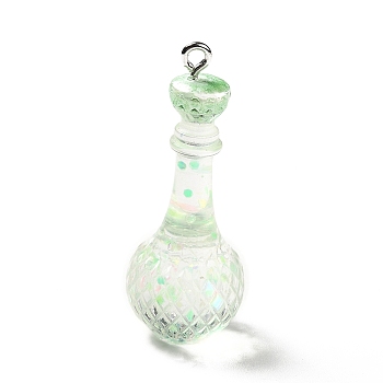Transparent Resin Pendants, with Platinum Tone Iron Findings and Glitter Powder, Wine Bottle Charms, Spring Green, 39.5x15.5mm, Hole: 2mm
