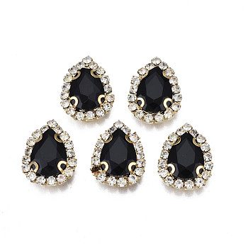 Sew on Rhinestone, Opaque Glass Rhinestone, with Brass Prong Settings, Faceted, Teardrop, Black, 19x14.5x5.5mm, Hole: 1mm