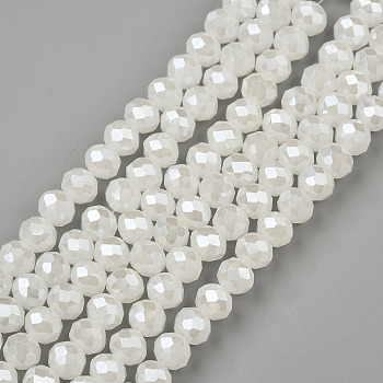 Electroplate Glass Beads Strands, Imitation Jade Beads, Pearl Luster Plated, Faceted, Rondelle, Creamy White, 6x5mm, Hole: 1mm, about 84~85pcs/strand, 16.34~16.54 inch(41.5~42cm)