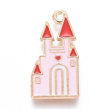 Alloy Pendants, with Enamel, Castle, Light Gold, Pearl Pink, 25x12.5x2mm, Hole: 1.4mm