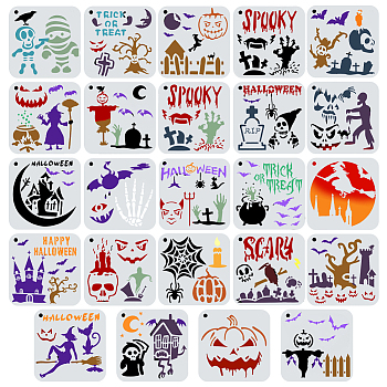 24Pcs 24 Styles PET Plastic Hollow Out Drawing Painting Stencils Templates, Square, Halloween Themed Pattern, 149x150x0.3mm, Hole: 8mm, 1pc/style