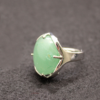 Oval Natural Green Aventurine Adjustable Ring, Platinum Alloy Jewelry for Women, Inner Diameter: 18mm