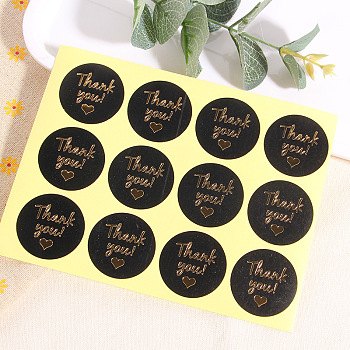 Paper Adhesive Stickers, Gold Stamping Package Sealing Stickers, Round with Word Thank You, Black, 3.8cm, 12pcs/sheet