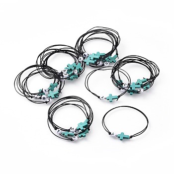 Adjustable Cowhide Leather Cord Multi-strand Bracelets, with Letter A~Z Acrylic Beads, Synthetic Turquoise Cross Beads and 304 Stainless Steel Smooth Round Spacer Beads, Turquoise, 2-1/8 inch~4-1/4 inch(5.5~10.9cm), 1mm, 26pcs/set