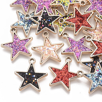 UV Plating Acrylic Pendants, with Imitation Leather inlaid Glitter Sequins/Paillette, Star, Mixed Color, Light Gold, 24x22x2.5mm, Hole: 1.8mm
