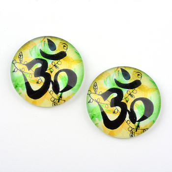 Yoga Theme Glass Cabochons, for DIY Projects, Half Round/Dome, Green Yellow, 25x6mm