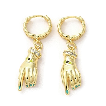Palm with Horse Eye Real 18K Gold Plated Brass Dangle Hoop Earrings, with Enamel and Cubic Zirconia, Medium Turquoise, 36x8.5mm