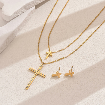 Stainless Steel Rhinestones Double-layer Cross Pendant Necklace & Stud Earrings Set for Women, Golden