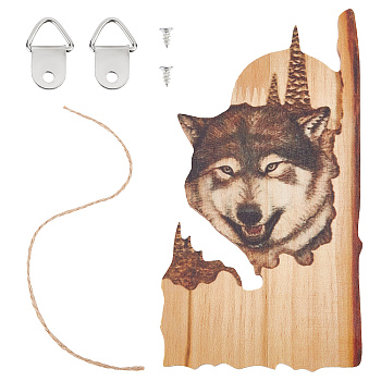 Wood Animal Hanging Ornaments, with Jute Twine and Iron Hook Hangers & Screws, for Rustic Home Decoration, Wolf Pattern, 194x103x8mm