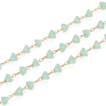 3.28 Feet Handmade Glass Beaded Chains, with Golden Tone Brass Findings, Soldered, Long-Lasting Plated, Triangle, Faceted, Medium Aquamarine, 3.5~4x4~4.5x3mm