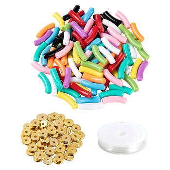 DIY Jewelry Making Kits, Including Curved Tube Opaque Acrylic Beads, Brass Spacer Beads, Elastic Crystal Thread, Mixed Color, Tube Beads: 100pcs/set