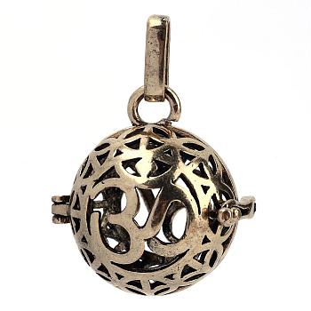 Rack Plating Brass Cage Pendants, For Chime Ball Pendant Necklaces Making, Hollow Round with Om Symbol, Antique Bronze, 25x24x20.5mm, Hole: 3x7mm, inner measure: 18mm