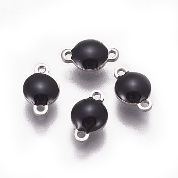 304 Stainless Steel Enamel Links connectors, Enamelled Sequins, Flat Round, Stainless Steel Color, Black, 9.5x6x3.5mm, Hole: 1.2mm