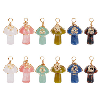 12Pcs 6 Styles Natural & Synthetic Mixed Gemstone Copper Wire Wrapped Pendants, Mushroom Charms, Golden, 29mm, Hole: 3.5mm, 2pcs/style