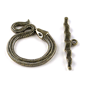 Tibetan Style Snake Toggle Clasps, Cadmium Free & Nickel Free & Lead Free, Antique Bronze, Snake: 46x36x3mm, Hole: 4mm, Bar: 51x10x3mm, Hole: 3mm