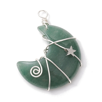 Natural Green Aventurine Copper Wire Wrapped Pendants, Moon with Star Charms, Platinum, 44.5x35x11.5mm, Hole: 4mm