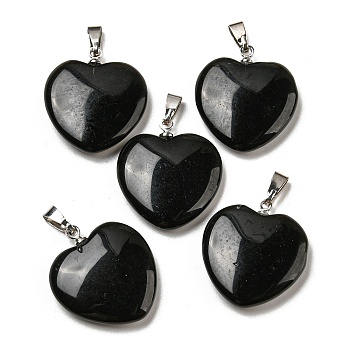 Natural Obsidian Pendants, Heart, with Brass Findings, Platinum, 22~23x20~20.5x6~7.5mm, Hole: 5x8mm