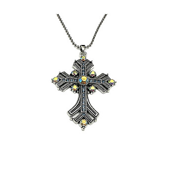 Cross Rhinestone Pendant Necklaces, with Antique Silver Alloy Ball Chains, Aquamarine, 27.56 inch(70cm)