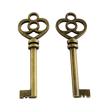 Tibetan Style Alloy Skeleton Key Big Pendants, Cadmium Free & Nickel Free & Lead Free, Antique Bronze, 60x20x5mm, Hole: 4.5mm, about 196pcs/1000g