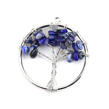 Natural Lapis Lazuli Tree fo Life Pendants, Iron Ring Chip Gems Tree Charms, Platinum, 30mm