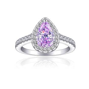 925 Sterling Silver Micro Pave Cubic Zirconia Plain Band Rings, Real Platinum Plated, Teardrop, Violet, Inner Diameter: 17.4mm