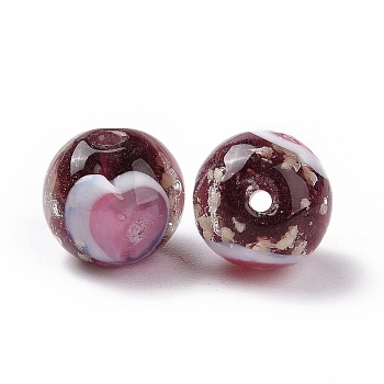 Handmade Lampwork Beads, Round with Heart Pattern, Dark Red, 12x11.5mm, Hole: 1.8mm