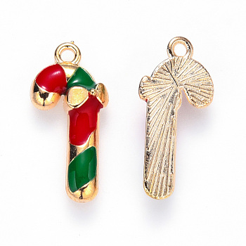 Alloy Enamel Pendants, for Christmas, Candy Cane, Light Gold, Red, 20x9.5x3mm, Hole: 1.4mm