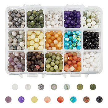 750Pcs 15 Styles Natural & Synthetic Gemstone Beads, Round, Mixed Dyed and Undyed, 6mm, Hole: 0.7~1mm, 50pcs/style