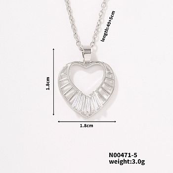 Fashionable and Elegant Brass Pave Clear Cubic Zirconia Heart Pendant Necklaces for Women, Platinum, 15.75 inch(40cm)