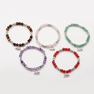 Natural Mixed Stone Beaded Elephant Charm Stretch Bracelets, with Antique Silver Alloy Findings, 53mm(BJEW-JB01974)