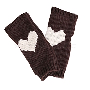 Polyacrylonitrile Fiber Yarn Knitting Fingerless Gloves, Two Tone Winter Warm Gloves with Thumb Hole, Heart Pattern, Coconut Brown & White, 190x70mm(COHT-PW0001-19D)