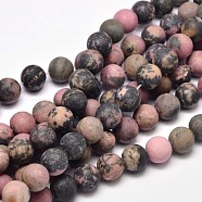 Frosted Natural Rhodonite Round Bead Strands, 10mm, Hole: 1mm, about 37pcs/strand, 15 inch(G-F266-13-10mm)