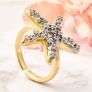 Brass Micro Pave Clear Cubic Zirconia Cuff Rings, Starfish Rings for Women, Real Gold Plated & Real Platinum Plated, 21x22mm,US Size 6(16.5mm)(RJEW-U035-07GP)