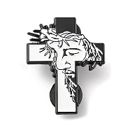 Religion Cross with Human Enamel Pin, Electrophoresis Black Zinc Alloy Brooch for Backpack Clothes, White, 33.7x26.5x1.3mm(JEWB-H010-03EB)