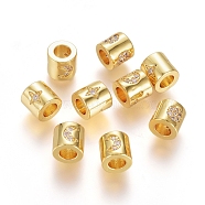 Brass Micro Pave Cubic Zirconia Beads, Long-Lasting Plated, Column with Star, Clear, Real 18K Gold Plated, 6x6mm, Hole: 3mm(ZIRC-G166-41G)