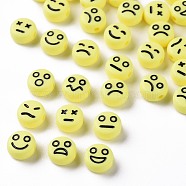Opaque Champagne Yellow Acrylic Beads, Flat Round with Black Random Expression, 7x4mm, Hole: 1.6mm(X-MACR-N008-42-C10)
