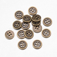 Alloy Buttons, 4-Hole, Flat Round, Tibetan Style, Antique Bronze, 15x1.5mm, Hole: 1mm(X-BUTT-D054-15mm-02)