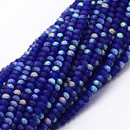 Half AB Color Plated Faceted Rondelle Glass Bead Strands, Frosted, Blue, 4~4.5x3~3.5mm, Hole: 0.8mm, about 150pcs/strand, 15.1 inch(EGLA-L007-F09-4mm)