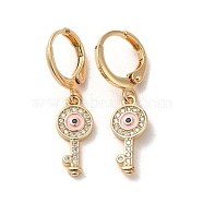 Key with Evil Eye Real 18K Gold Plated Brass Dangle Leverback Earrings, with Enamel and Cubic Zirconia, Pink, 29.5x7mm(EJEW-Q797-03G-02)